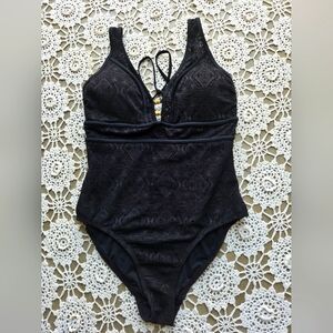 Black Lace With Gold Details One Piece Bathing Swimsuit | Summer